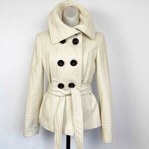ZARA ivory Wool blend Trench Coat With black buttons, belt and pockets Small